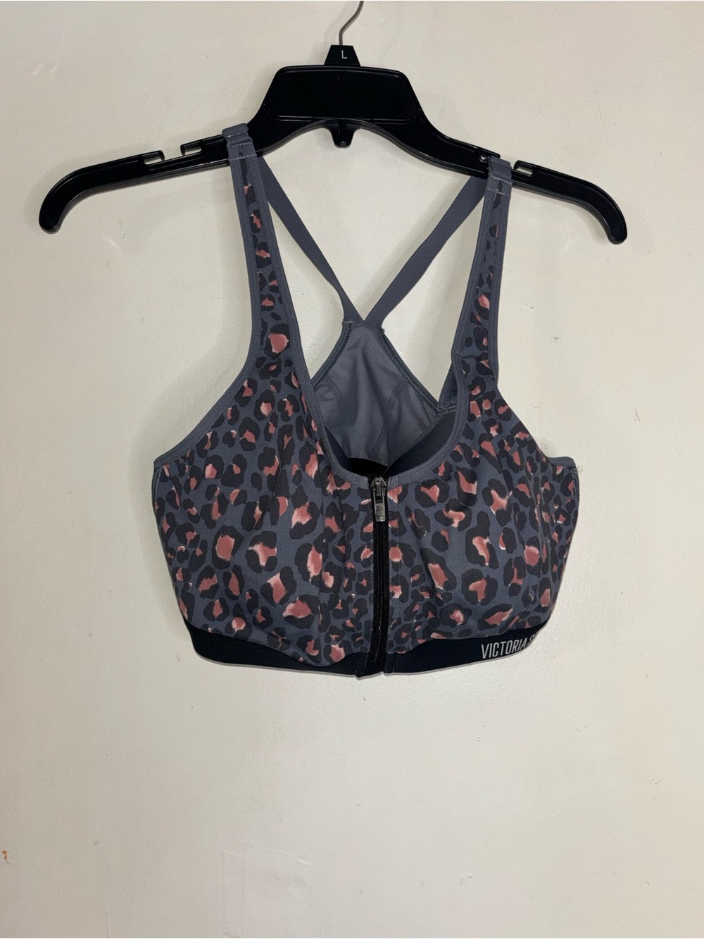 Victoria's Secret Gray and Pink Leopard Front-Zip Sports Bra
